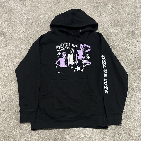 Olivia Rodrigo GUTS Hoodie Womens Small Black World Tour Pullover Spill Ur Guts - Picture 1 of 5